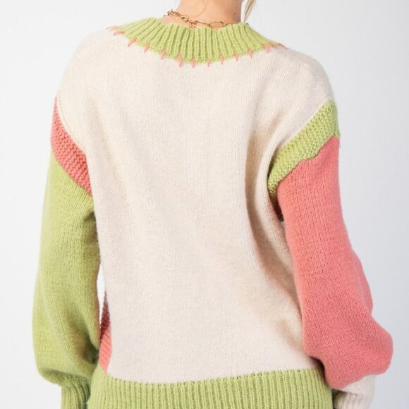NWT Easel Color Block Knit Pullover Sweater In Oatmeal - Picture 2 of 5